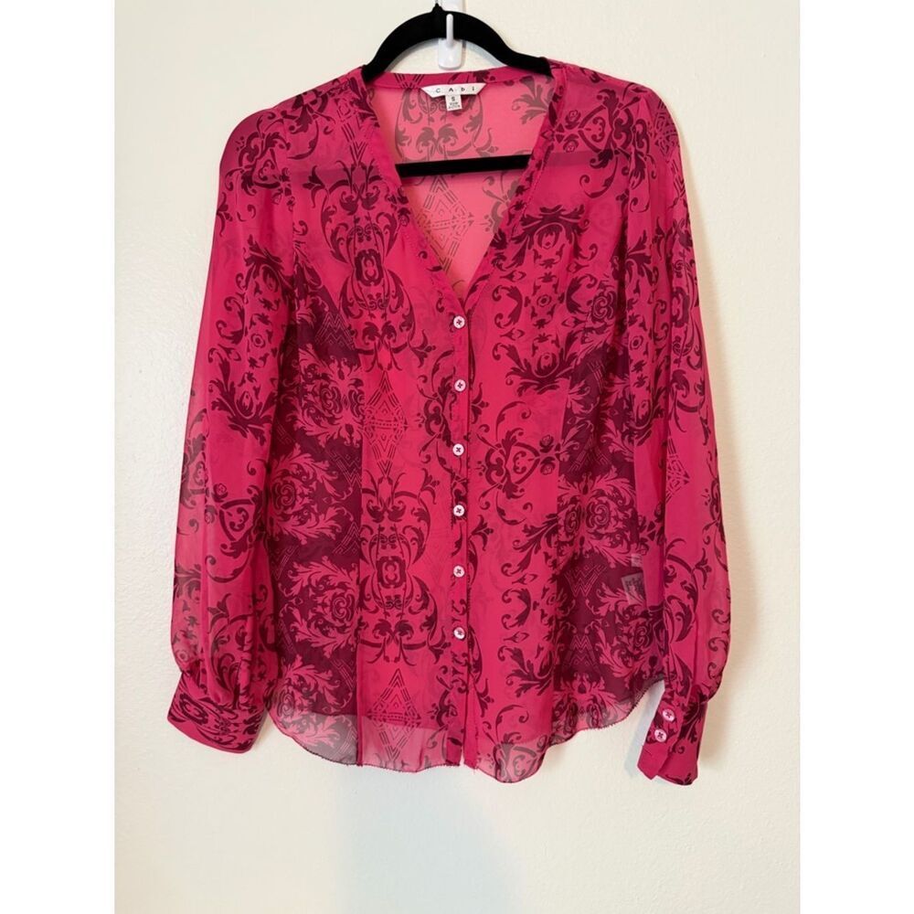 CAbi 254 Pink Paisley Baroque Print Long Sleeve Button Premiere Sheer Top Small